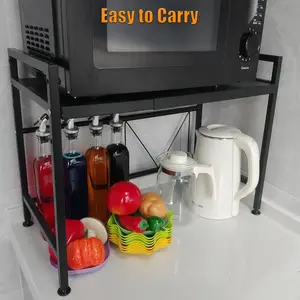 Extendable Microwave Oven Stand, Adjustable Microwave rack Toaster Shelf, Heavy Duty Rack 2 Tier Kitchen Counter Top Organizer with 6 Hooks for Kitchen