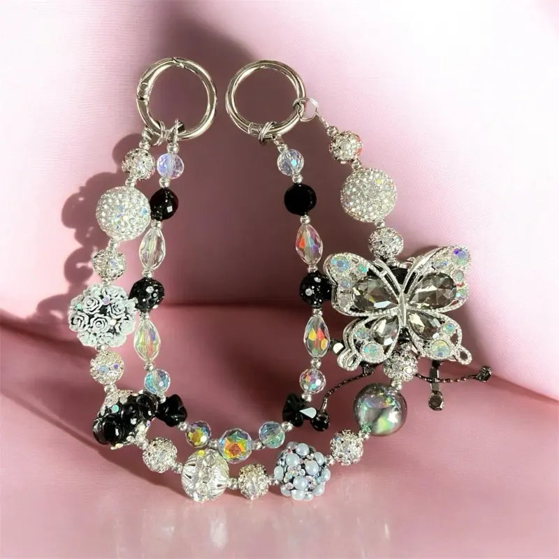 Stylish Black Butterfly Keychain, Fancy Rhinestone Beaded Charms Pendant, Custom Phonechain and Bag Accessory, Butterfly Shaped Keychains, Fashion Beads Keychains