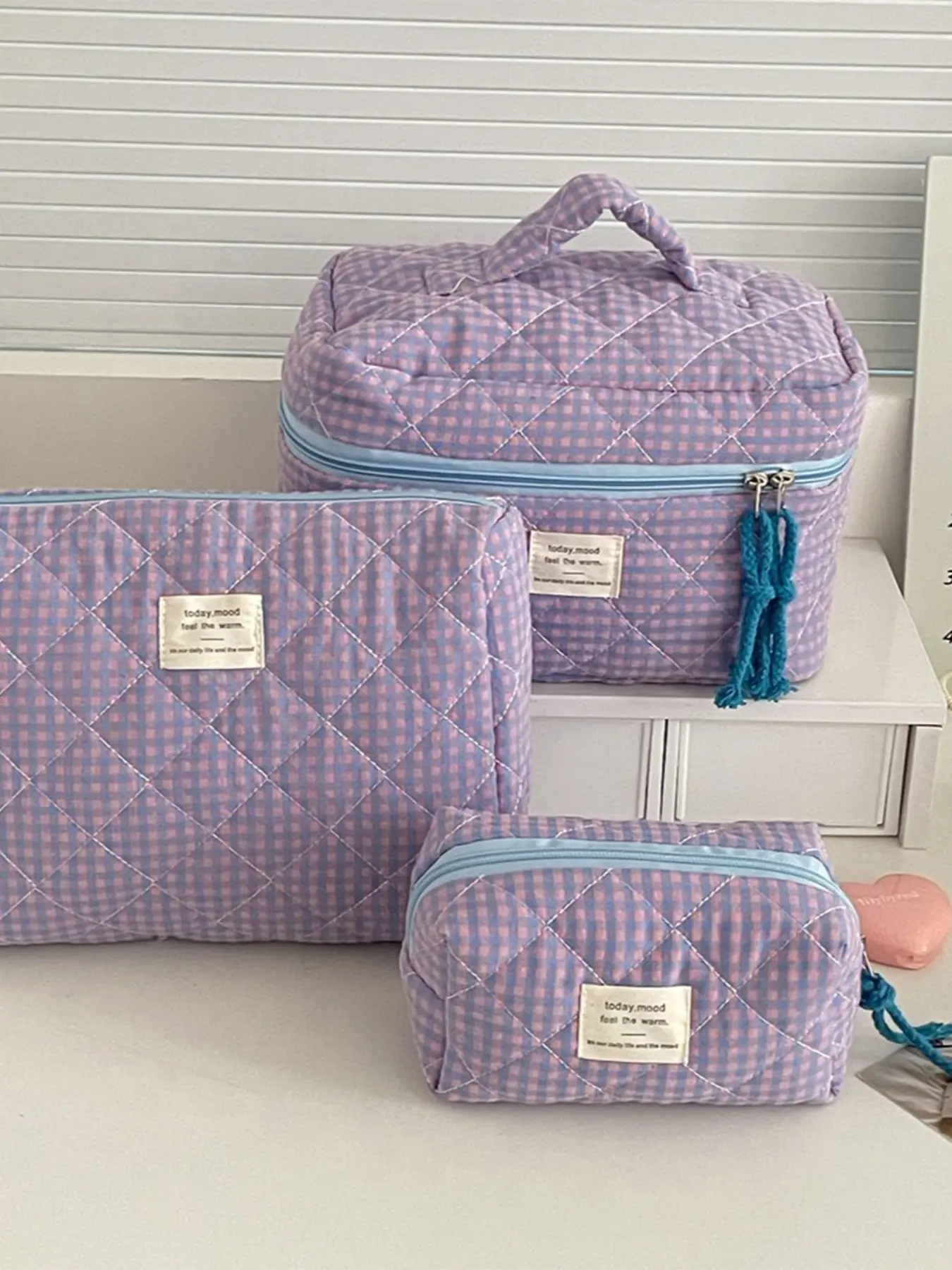3pcs Color blocking plaid makeup bag, new quilted storage bag, large capacity portable toiletry bag, zipper closure, Travel cosmetic bags, Makeup Organizer Pouch, suitable for women's business trips, Travel Essentials, Cosmetic Bag Set