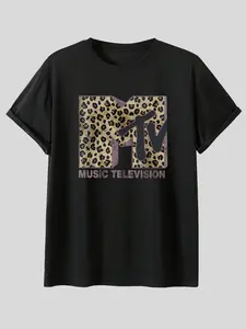 Mtv Leopard Print Logo Music Television Short Sleeve T-Shirt, Summer American Retro Casual Top, Loose-Fitting Geometric Pattern
