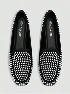 Women's Silver Color Rivet Loafers, Comfortable Flat Shoes, Party Style Slip-On Design, Daily Commute & Casual Wear