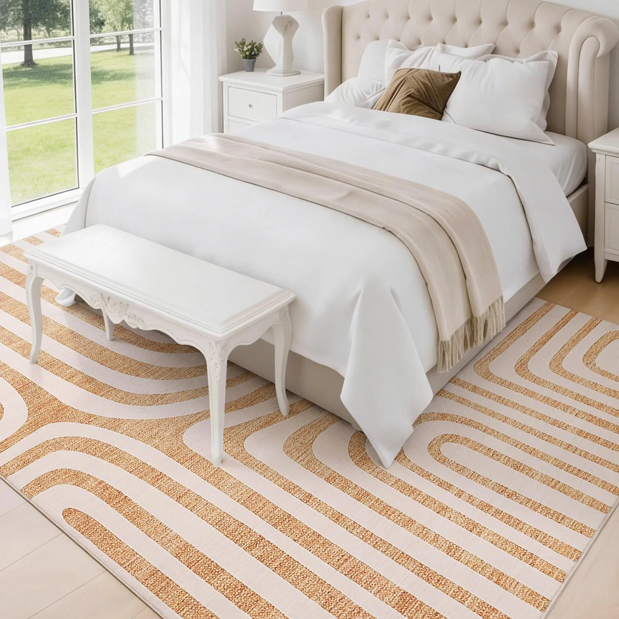 9x12 Abstract Washable Area Rug, Non-Slip Low-Pile Soft, Orange | Modern Rug, Soft Floor Carpet for Bedroom, Living Room, Dining Room