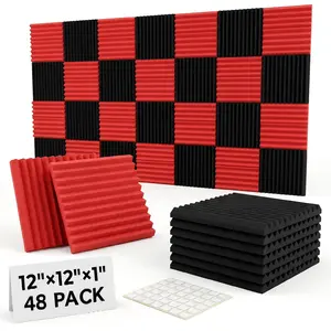 48  Soundproof Foam Panels, 1x12x12 Inch Absorptive Foam Boards, High Density Noise Reduction, Studio Wedge Shapes （Black and Red）