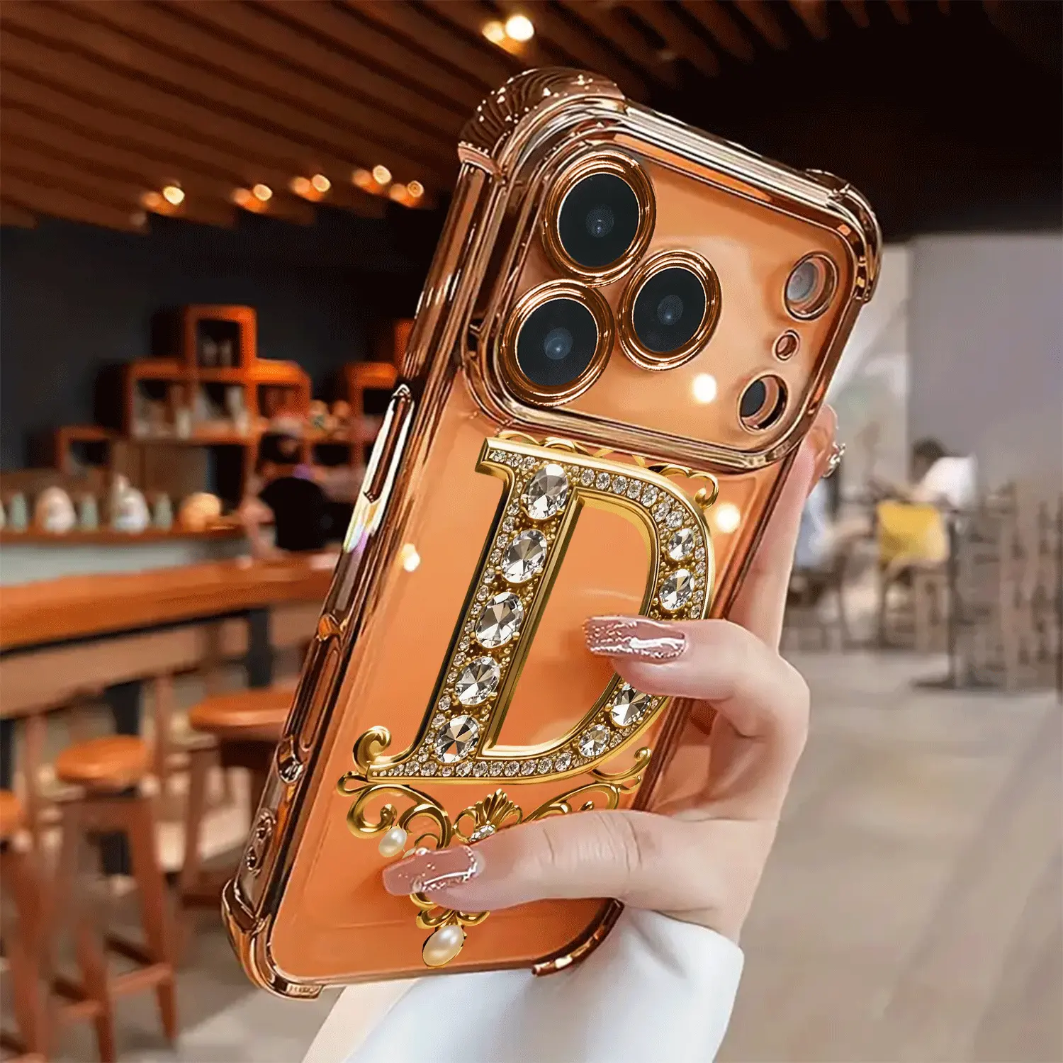 Luxury Bold "D" Diamond TPU Smartphone Casing, Handheld Device Protective Case with Lens Plating, Gold Accents, Shockproof Non-Slip Full-Cover Accessory for iPhone 17,16,15,14,13,12,11,XS,X Series, Protection