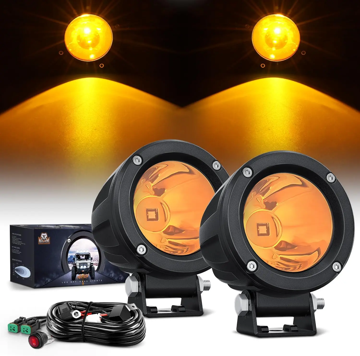 Nilight 2PCS 3in Aluminum LED Auxiliary Lights - High Lumen Amber Offroad Flush Mount Fog Lights with Built-in EMC, 18AWG DT Wiring Harness Kit, IP68 Rated for Motorcycle Parts, Boats, SUVs