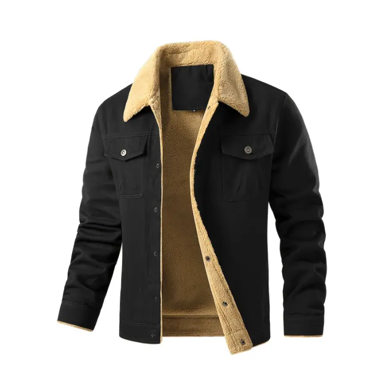 Men's Denim-Style Workwear Jacket with Sherpa Collar, Casual Fleece-Lined Cotton Snap-Front Top with Pockets, Tops, Long Sleeve, Denim Jacket, Fabric, Lapel, Menswear, Regular Length
