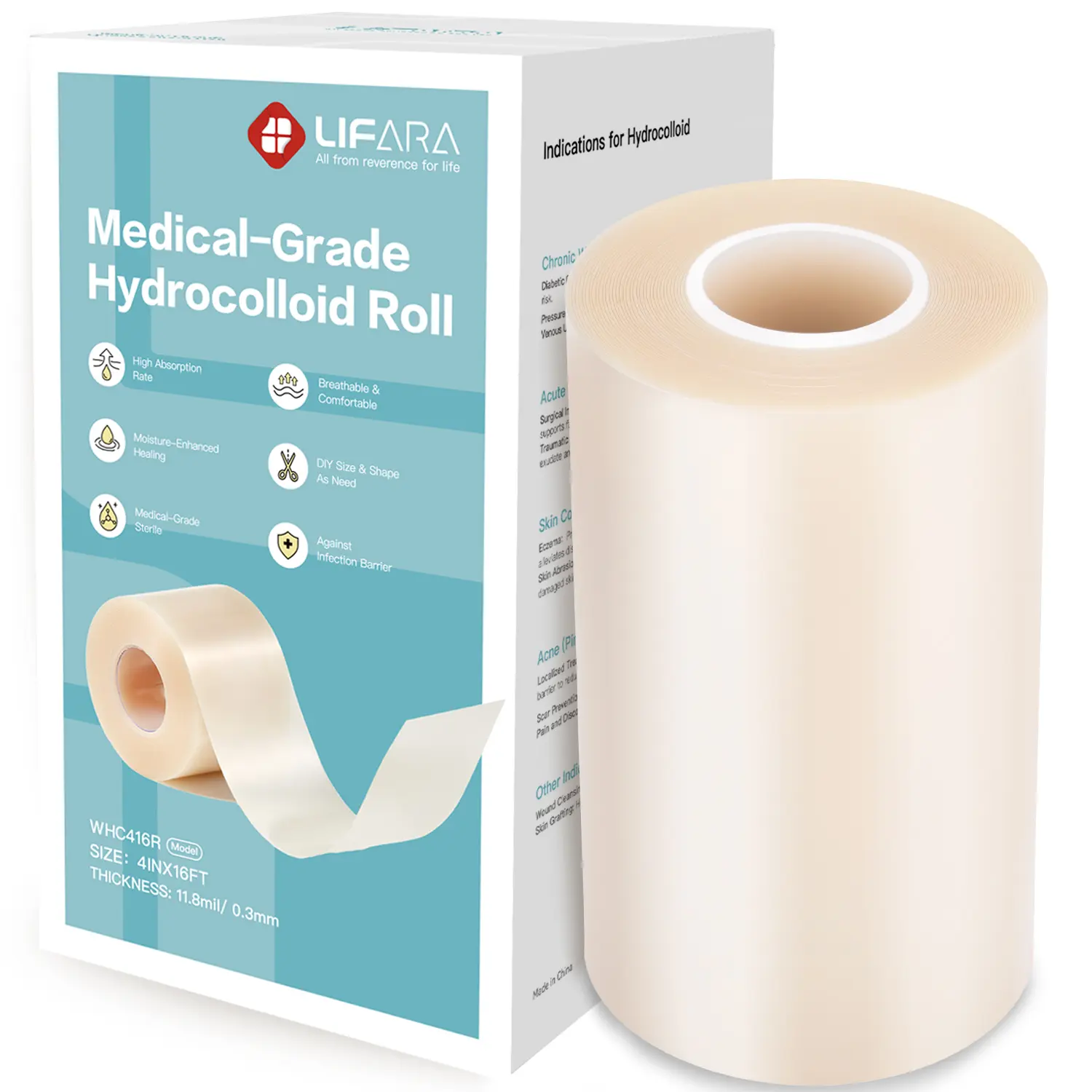 LIFARA Hydrocolloid Wound Care Roll - Medical Supplies, Customizable Cut-to-Size Extra Large Bandages with Medical-Grade Adhesive, Absorbs Fluid, Flexible, Waterproof First Aid Essential (4in*16ft, 11.8mil/0.3mm Thickness)