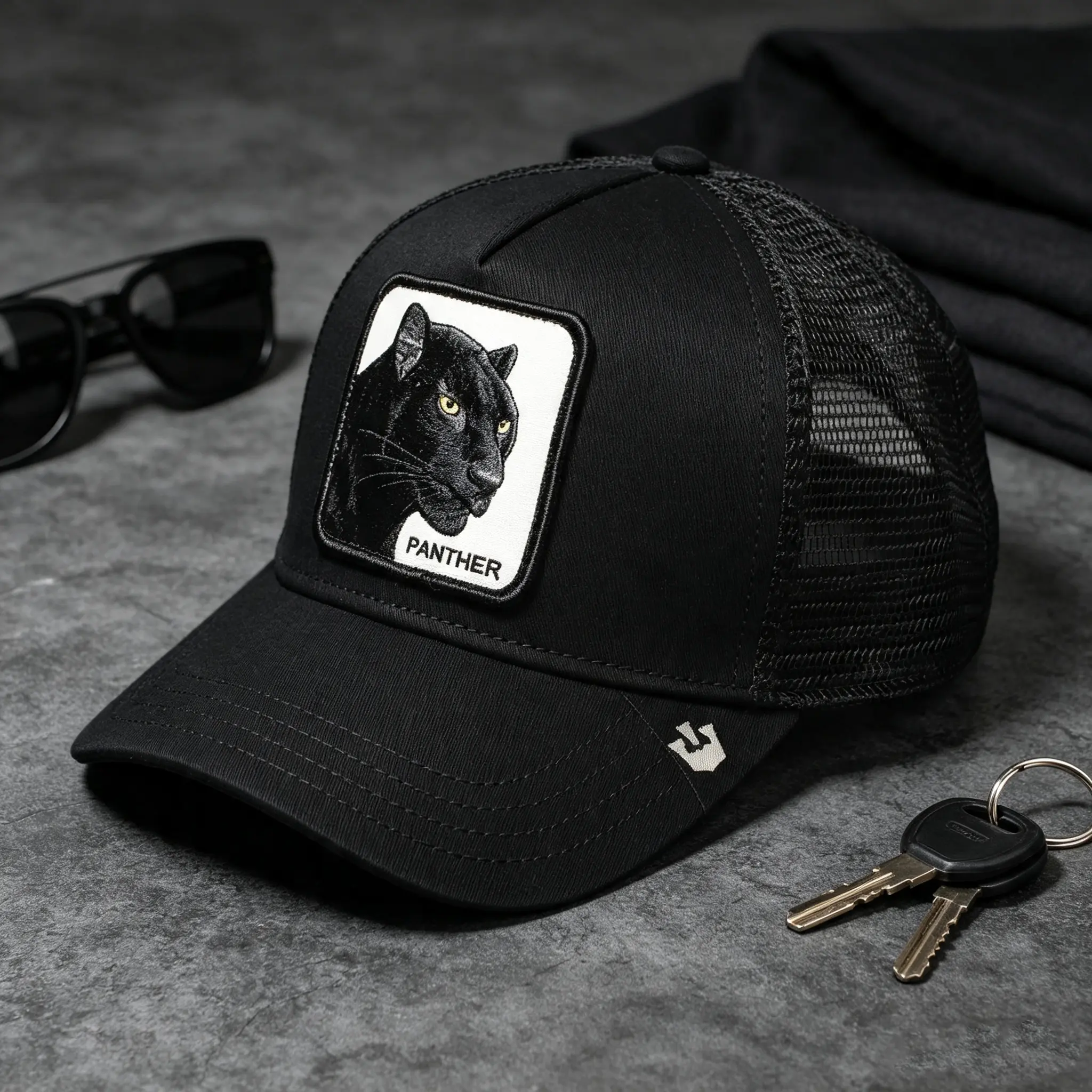 Men's adjustable truck cap, animal baseball cap, cartoon mesh embroidered black panther mesh cap design, suitable for outdoor, motorcycle, and daily wear