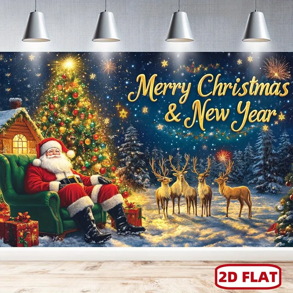 1pc 2D Flat Polyester Christmas & New Year Backdrop, Party Decorations Banners with Santa, Xmas Tree, Winter Scene for Party, Photography - Mixed Colors Universal Festive Home Supplies