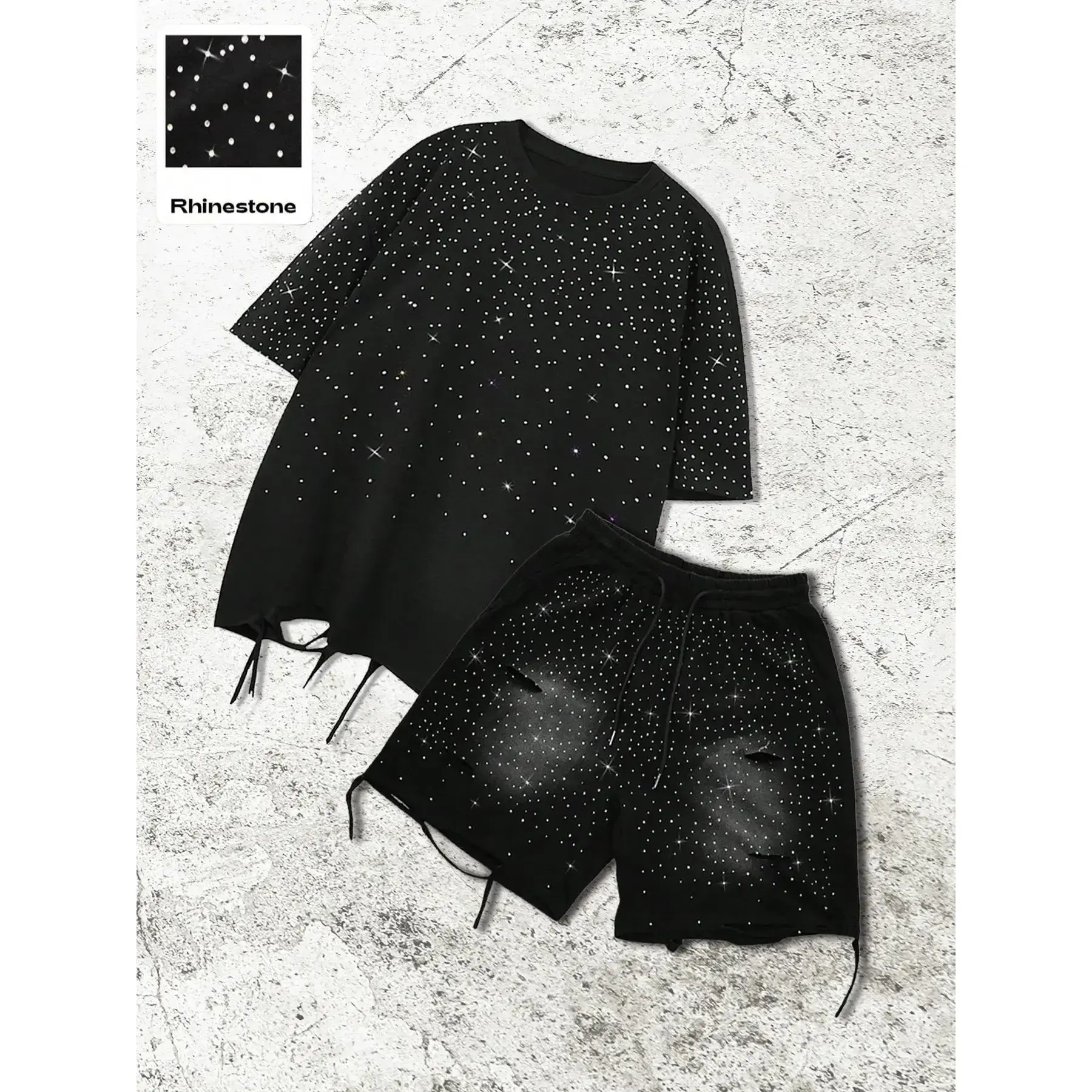 (New)Men's solid color slim fit casual T-shirt with rhinestone decoration and ripple details, fashionable street wear for all seasons(Gift)11