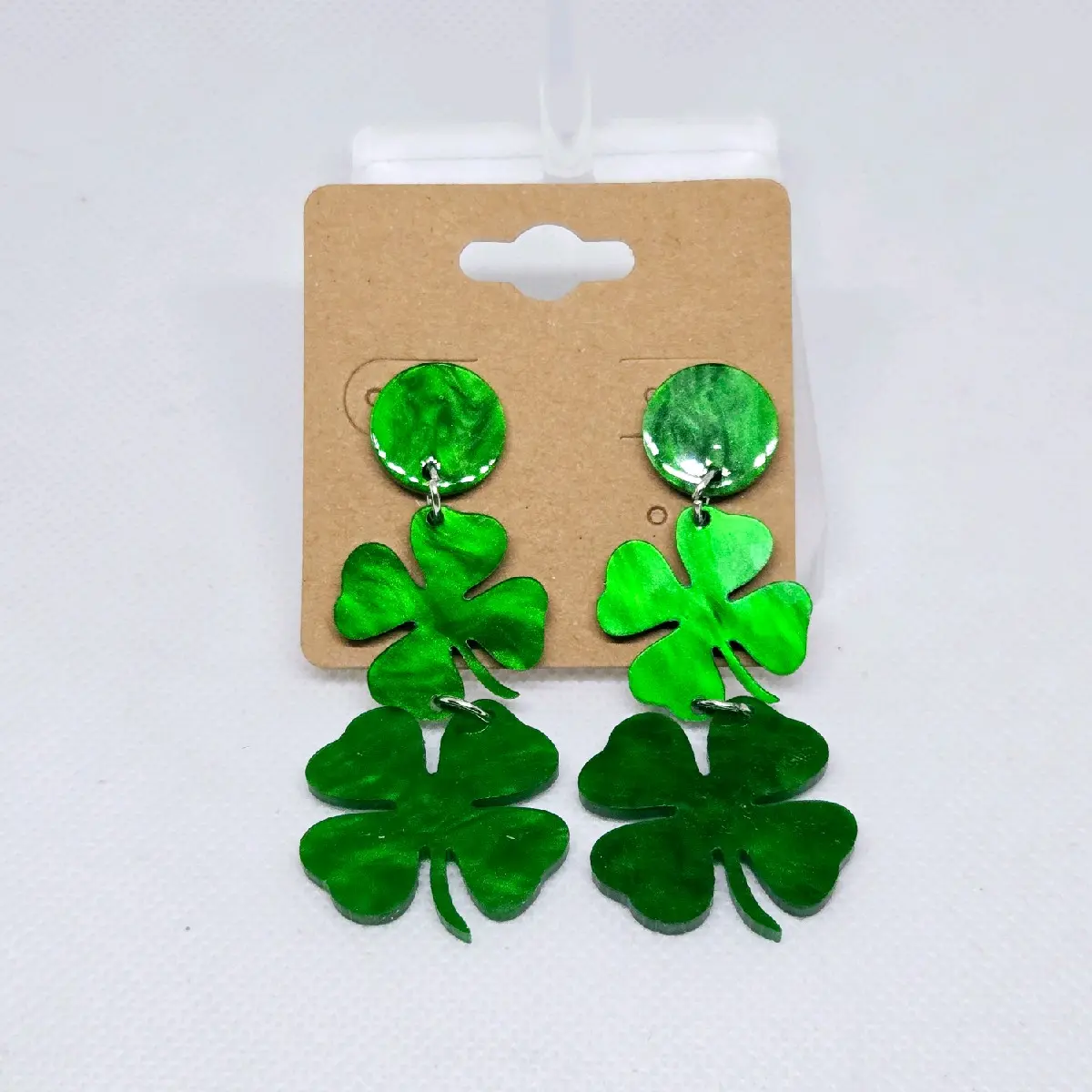 St. Patrick's Green Shamrock Clover Dangling Earrings with Elegant Design and Classic Style - Stainless Steel Post with Silicone Backs