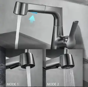 Bathroom Faucet with Pull Out Sprayer, Single Handle Pull Down Bathroom Sink Faucet with 2 Modes, Liftable & 360° Rotaty with Pull Out Sprayer, Modern