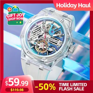 BOZLUN Cyberpunk Automatic Mechanical Watch, 44mm Transparent Case with Colorful Hollow Gear Dial, Silicone Strap, 3ATM Waterproof with Luminous Hands, Blend Art And Utility