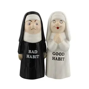 Good Bad Habits Nun Pair 4 Inch Ceramic Magnetic Salt and Pepper Shaker Set Fun Novelty Gift