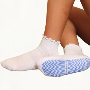 White Ruffle Pilates Barre Socks – Non-Slip Grip Socks with Blue Wave Traction – One Size Fits All – Cute, Breathable & Stretchy for Barre, Yoga & Pilates