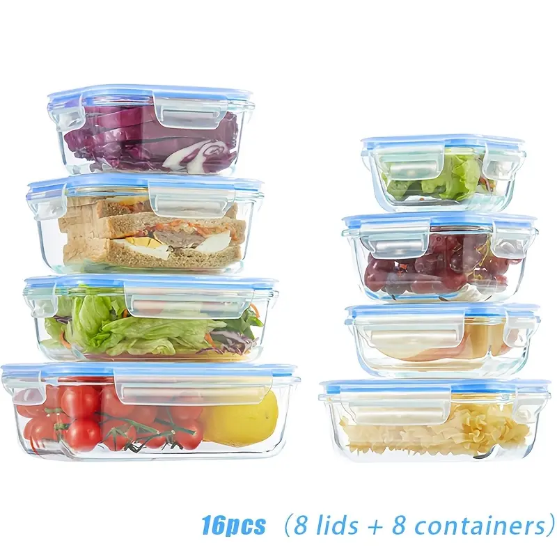 Glass Food Storage Containers Set (16pcs) - 8 Containers with 8 Lids for Meal Prep, Kitchen Food Preservation