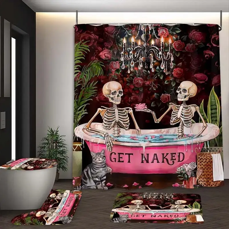1/4pcs rose skull bathtub design curtain Set, durable polyester material, non-slip floor mat, U-shaped carpet, toilet cover, perfect for bathroom decoration, partition, beautify space, free 12 shower curtain hooks, Shower Essentials