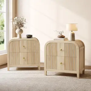 ModernMate 2-Piece 2-Drawer Wood Nightstand Set, Curved Fluted Contemporary End Table & Bedside Cabinet, Large Storage for Bedroom, Living Room, Natural Oak