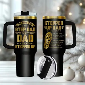 Stepped Up Dad 40oz Stainless Steel Tumbler with Handle – Insulated Coffee Cup, Gift for Stepdad, Father’s Day & Christmas Gift