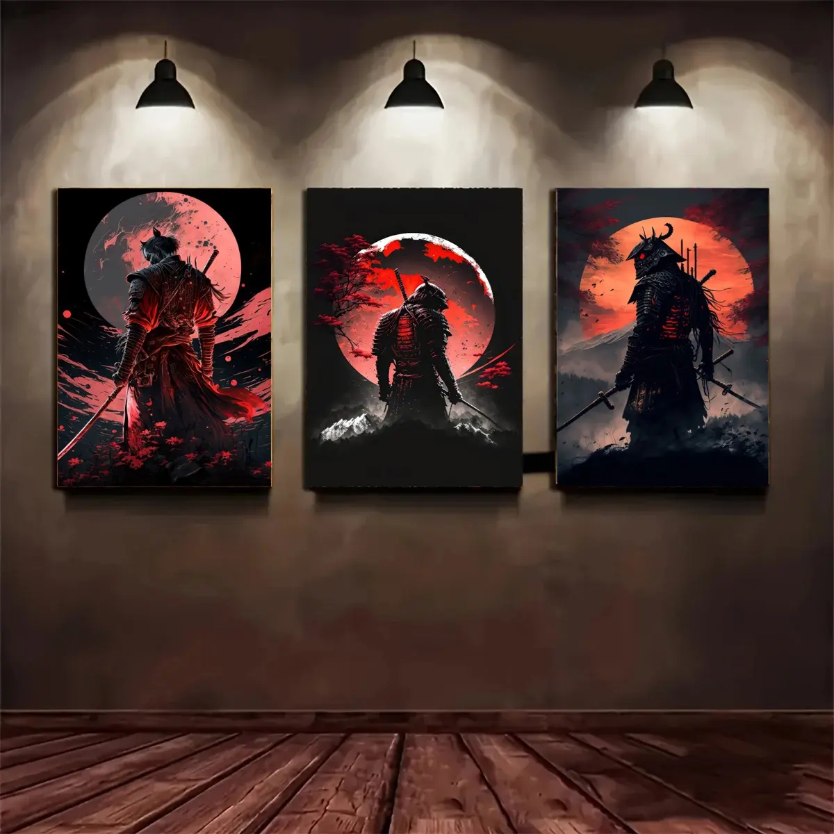 3pcs/set Frameless A mysterious samurai hung an artistic painting on the background wall of the red moon and the mountains Japanese Samurai Poster Canvas Painting and Prints Wall Art Picture Artwork for Living Room Home Decor, Unframed Art Print