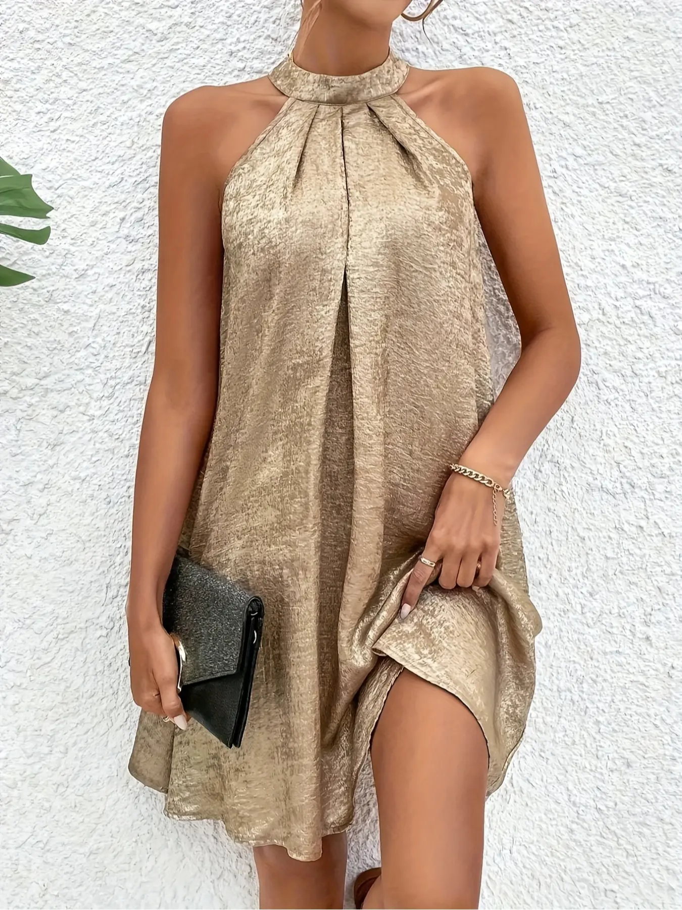 Champagne Color Solid Minimalist Halter Neck Woven Dress, Cold Shoulder Tie Back Spaghetti Strap Dress, Women's Fashion Feminine Sleeveless Summer