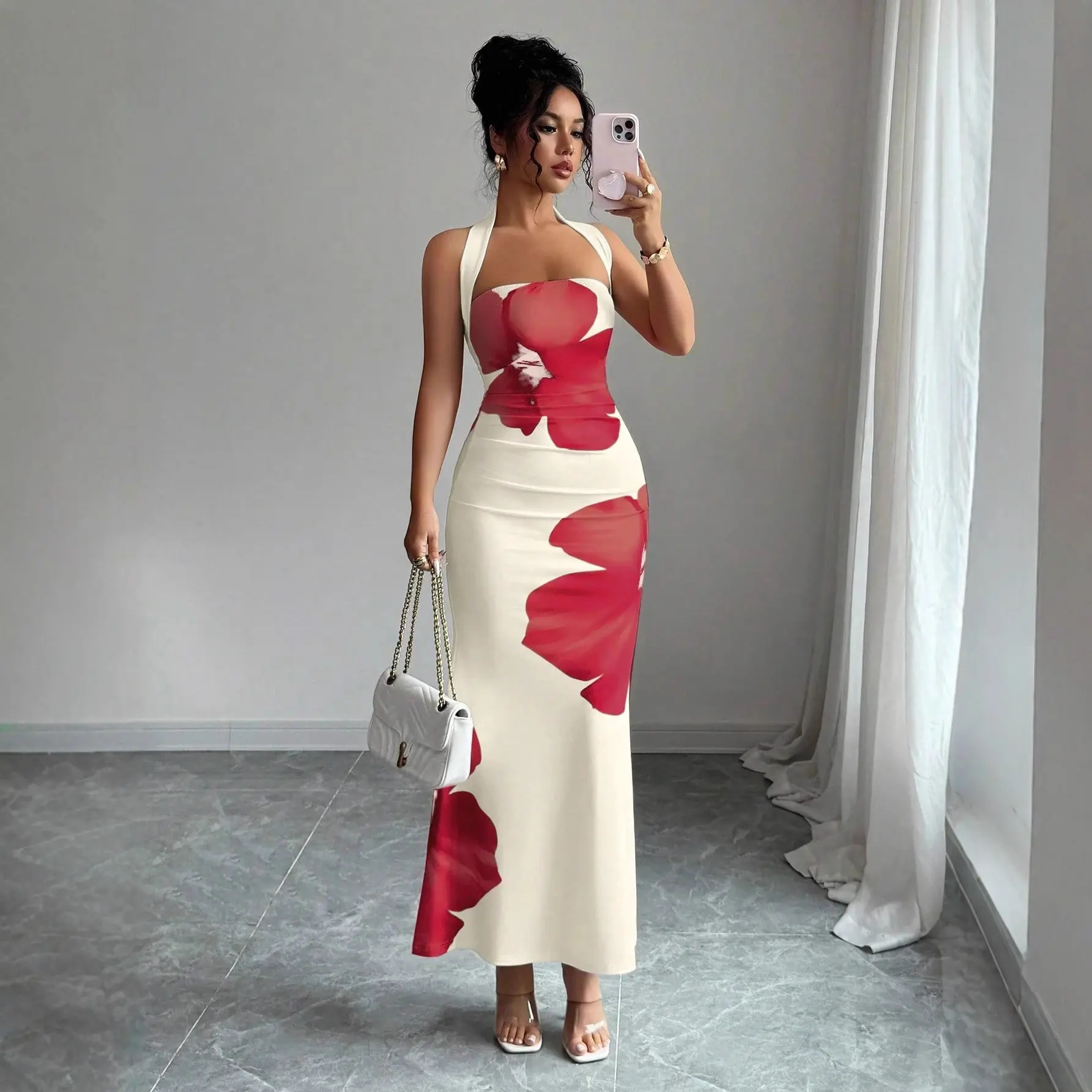 European and American women's fashion 2026 new halter neck backless long dress with bodycon print
