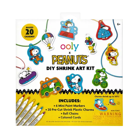 OOLY x Peanuts DIY Shrink Art Craft Set - Paint & Bake Art Craft Kit for Jewelry Making, Ages 6 and Up, 20 Pre-Cut Shrink Plastic Charm Batch, 6 Markers, Ball Chains, Colored Cords