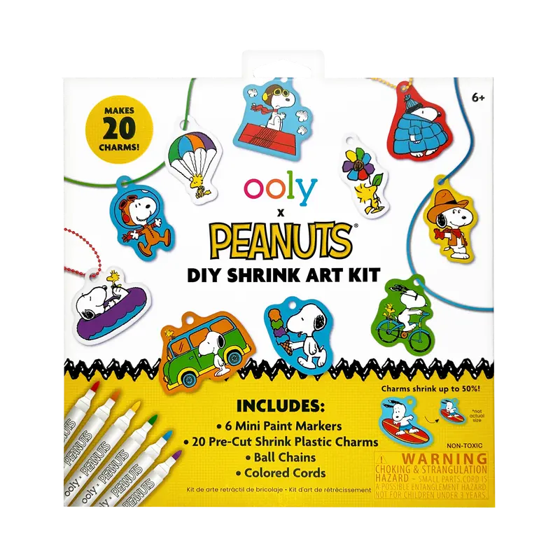 OOLY x Peanuts DIY Shrink Art Craft Set - Paint & Bake Art Craft Kit for Jewelry Making, Ages 6 and Up, 20 Pre-Cut Shrink Plastic Charm Batch, 6 Markers, Ball Chains, Colored Cords