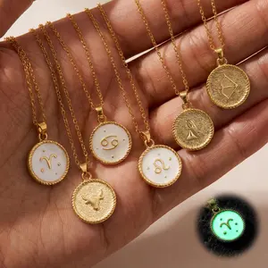 Aprilery Glow in the Dark Zodiac Sign Reversible Necklace, Personalized Horoscope White Enamel Charm Pendant, Astro Constellation Jewelry for Women Aesthetic Gift outdoorfun