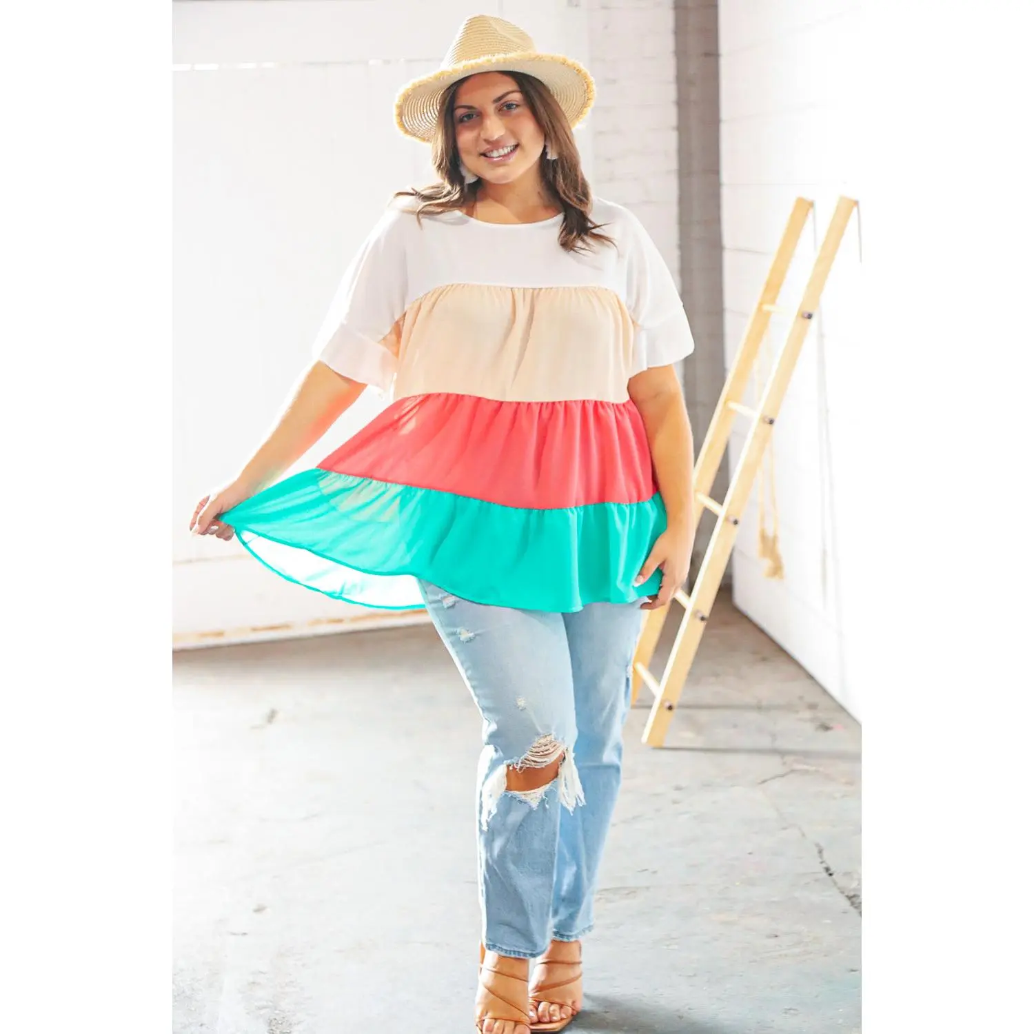 Ivory & Peach Woven Crepe Tiered Dolman Blouse