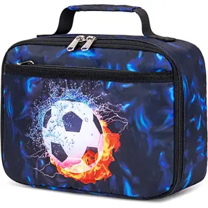 X-LBK10  Lunch Bag Kids Insulated Lunch Box Boys Girls Insulated Reusable Lunch Bag for School Picnic Hiking Work (Soccer Black Blue)