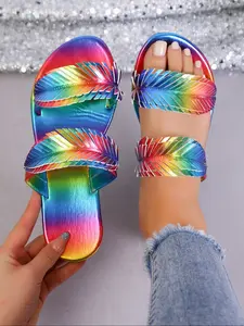 Vibrant Gradient Laser Rainbow Sandals, 3D Feather Luxury Decoration, Glossy Gradual Shoe Face, Flat Soft Sole Anti-Slip, Summer Trendy Versatile