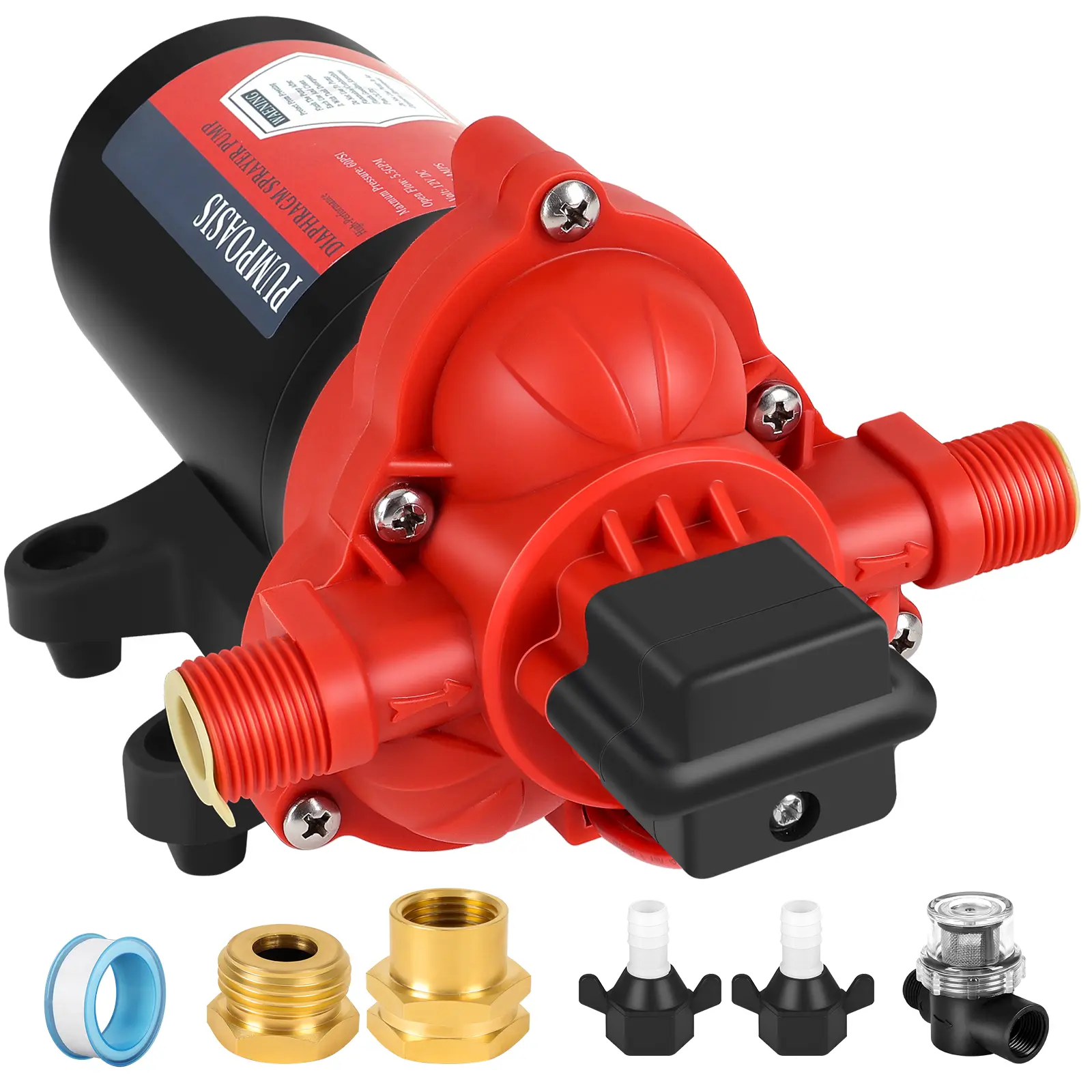 12V All-Copper Motor Self-Priming Diaphragm Pump with Pressure Switch, Rubber Base, Adjustable 2.5gpm/4.4gpm-8amp-60psi, Filter, Chemical-Safe Corrosion-Resistant, Roundup-Compatible, Universal Fit Hose Barbs for Agricultural Spraying, Boats
