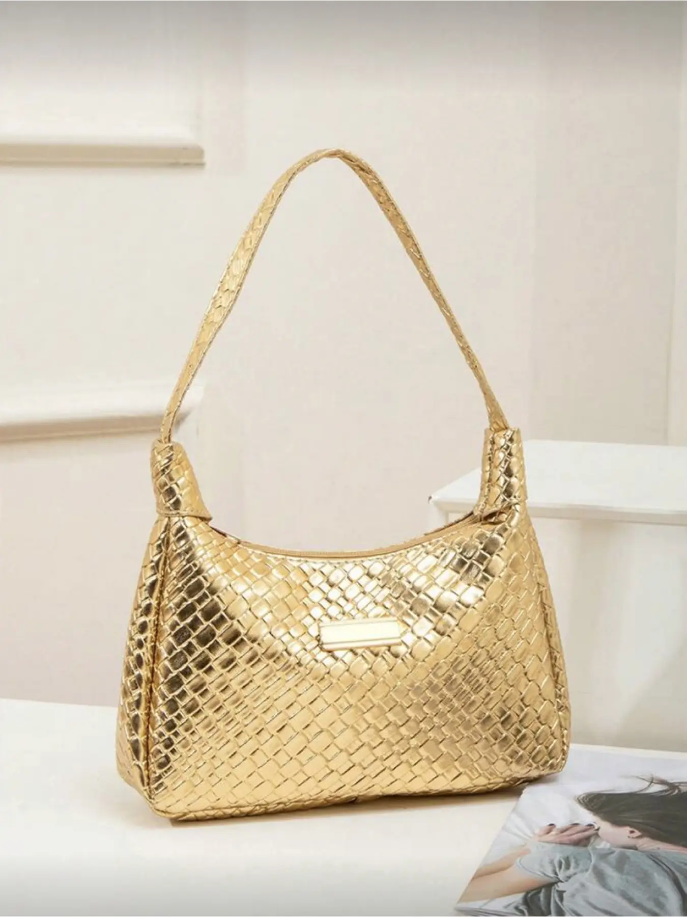 Women's Woven Handbag, Fashion Shoulder Bag, Fashionable Casual Bag, Fashion Minimalist Multi-functional Classic Gold Handbag for Daily Commute, Office, Date, Shopping