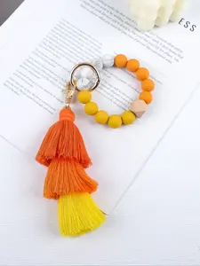 Gradient Fringe Beaded Keychain, Multicolor, Wool Thread Large Fringe Hanging Decoration, Anti-Loss Car Keychain, Cute Bag Accessory, Keychain Attachment