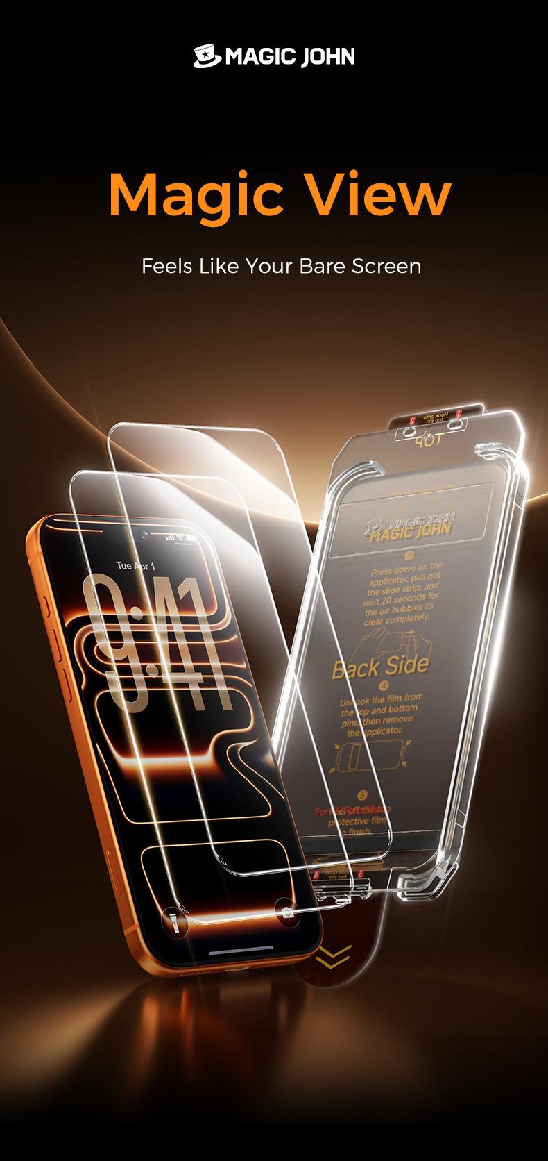 NEW MAGIC JOHN MagicView Screen Protector for iPhone 17/16/15 Series, 2-Pack, No Black Border 0.33mm Tempered Glass, Auto Dust Removal Easy Installation, HD Clear or 28° Privacy, Case-Friendly