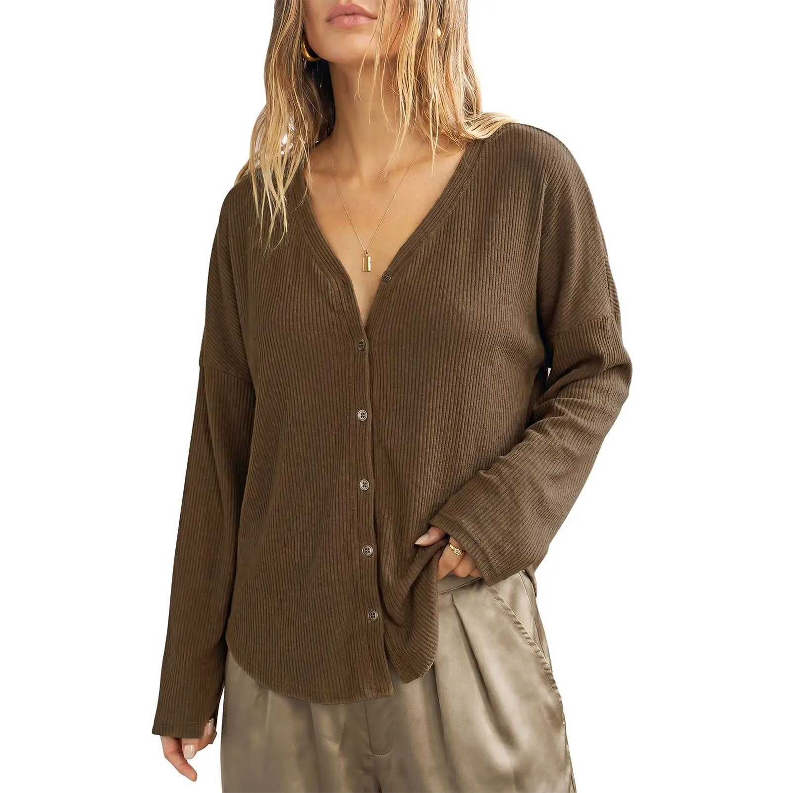 Imily Bela Women's Brown Ribbed V-Neck Long Sleeve Cardigan