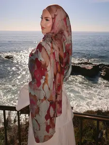 Women's Trendy Watercolor Print Scarf 80x180cm, Summer Muslim Headscarf for Beach Sun Protection, Casual Woven Fabric Accessory