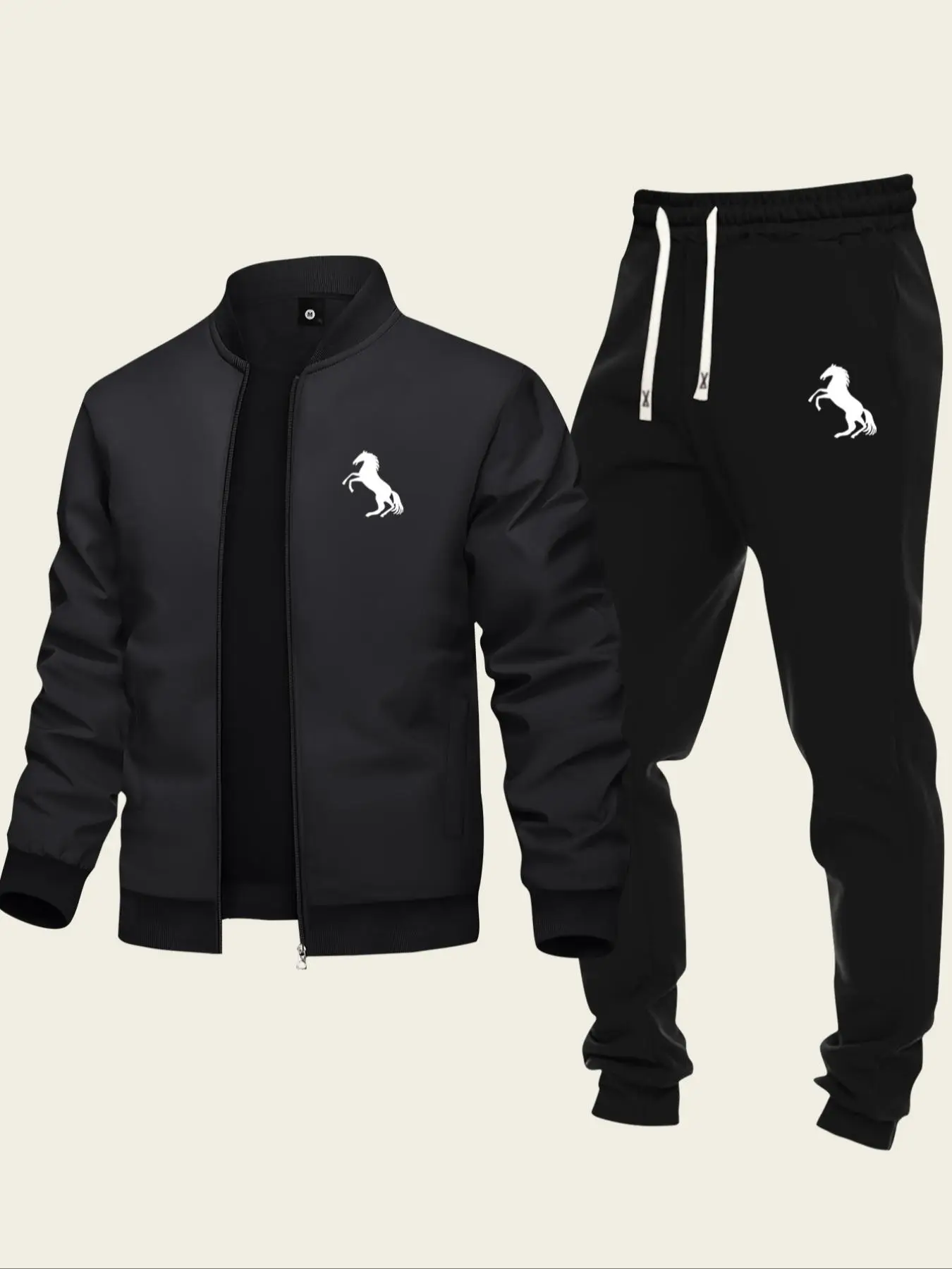 Men's Regular Fit Horse Print Zip Up Jacket & Drawstring Waist Sweatpants Two-piece Set, Casual Fashion Cozy Two Piece Outfits for Daily Outdoor Wear,