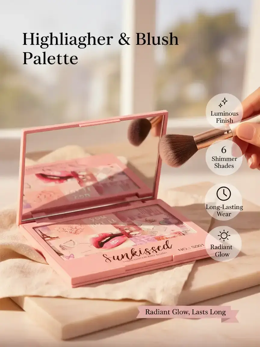 Simply Bella Sunkissed Highlighter & Blush Palette - Luminous Powder Makeup with 6 Blendable Shimmer Shades, Long-Lasting Cosmetic for Radiant Glow, Ideal for Light to Medium Skin Tones Facial, 6 Blendable Shades