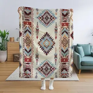 Bohemian-style flannel blanket, featuring an L-shaped Western design, mixed colors, and a vintage geometric print pattern.Suitable as a birthday gift, home decoration, wedding gift, or commemorative blanket, and suitable for use in all seasons celebration