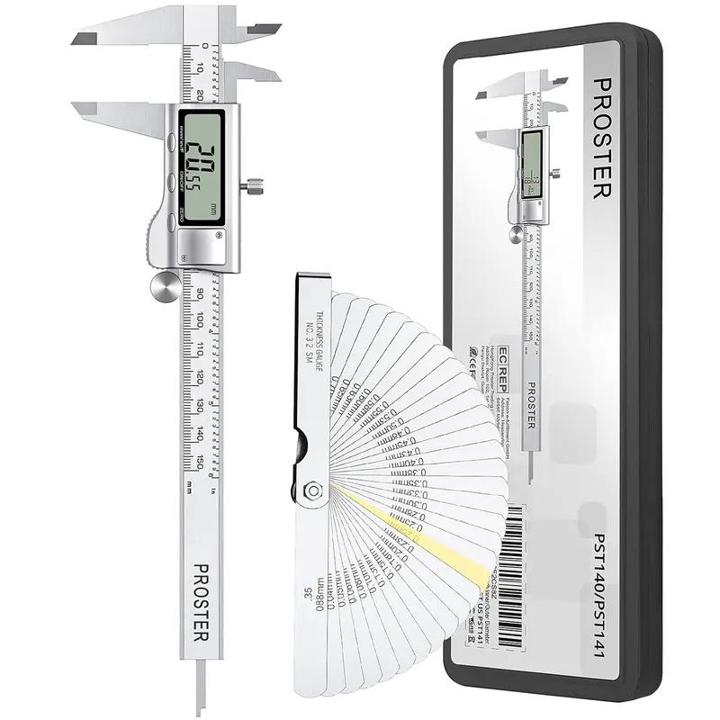 Proster Metal Digital Display Calipers - 6in/150mm Hardened Stainless Steel Precision Measurement Tool with Extra Large LCD Screen, 32 Feeler Gauges for Length, Width, Depth, Inner & Outer Diameter (Fraction/Inch/Metric)