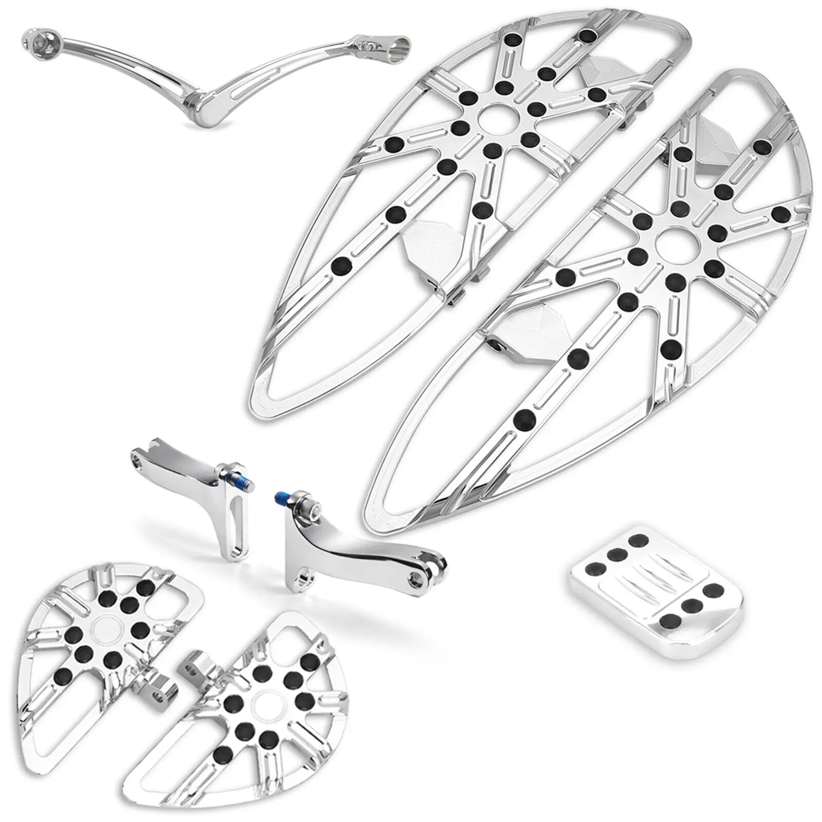 Chrome Aluminum Gauge-Style Floorboard Kit with Adjustable Heel-Toe Shifter, Shift Lever & Shifter Pegs for Harley Touring 1980-Up, Deuce FXSTD - 1 Pair Front Floorboards, 1 Piece Brake Pedal, 7 Pieces Total