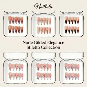 Naillulu ‌|‌ 10PCS 100% Handmade 1.3 inch Press on nails ‌|‌ Nude Gilded Elegance Long Stiletto Press On Nails | For Date, Bridal, Daily, Party & Travel Photoshoot