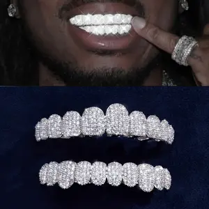2count Hip Hop Cubic Zirconia Teeth Grill, Set Up Sparkling Punk Teeth Caps for Rappernd Role Playe, Top and Bottom Kits, Fashionable custom  grillz grills Retainer Braces Stainless Wire Brace
