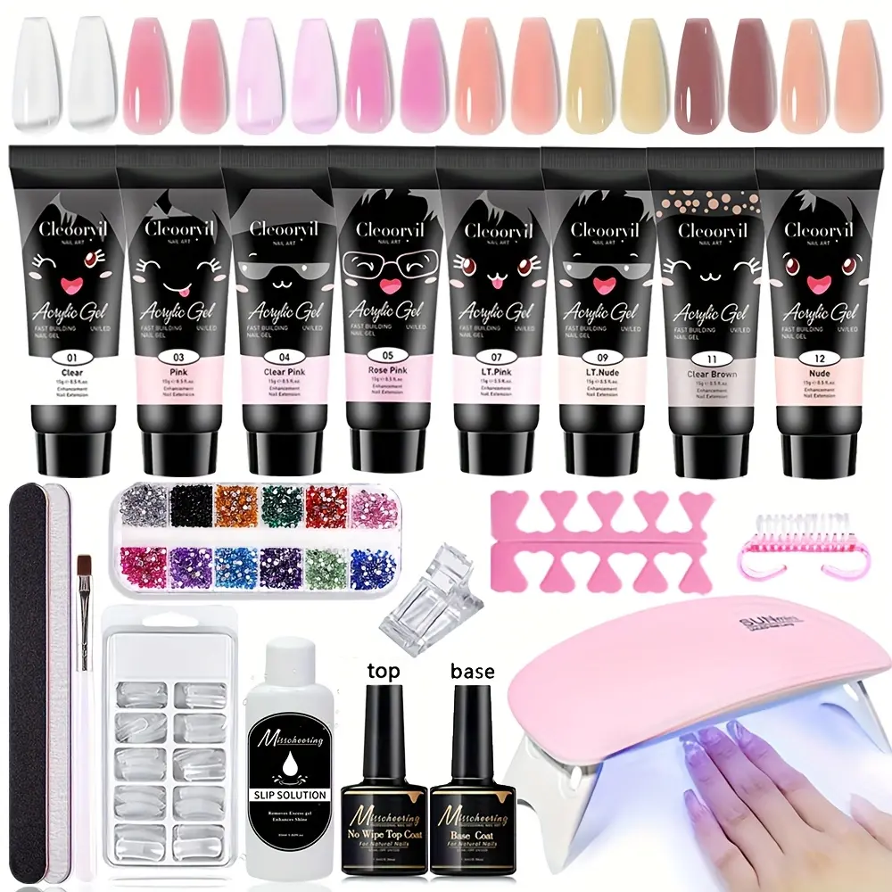 Polymerized Gel Nail Extension Set, Including 8 Pieces Of Extension Glue, Nail Lamp, Primer, Wash Free Seal, Clean Water, Transparent Nail Mold And A Full Set Of Polymerized Gel Nail Tools For Beginners And Holiday Gifts