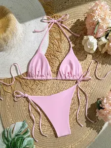 New European and American Bikini Swimsuit Solid Color Three-Point Sexy Swimwear Women's Split Adjustable Straps Swimsuit Outfit