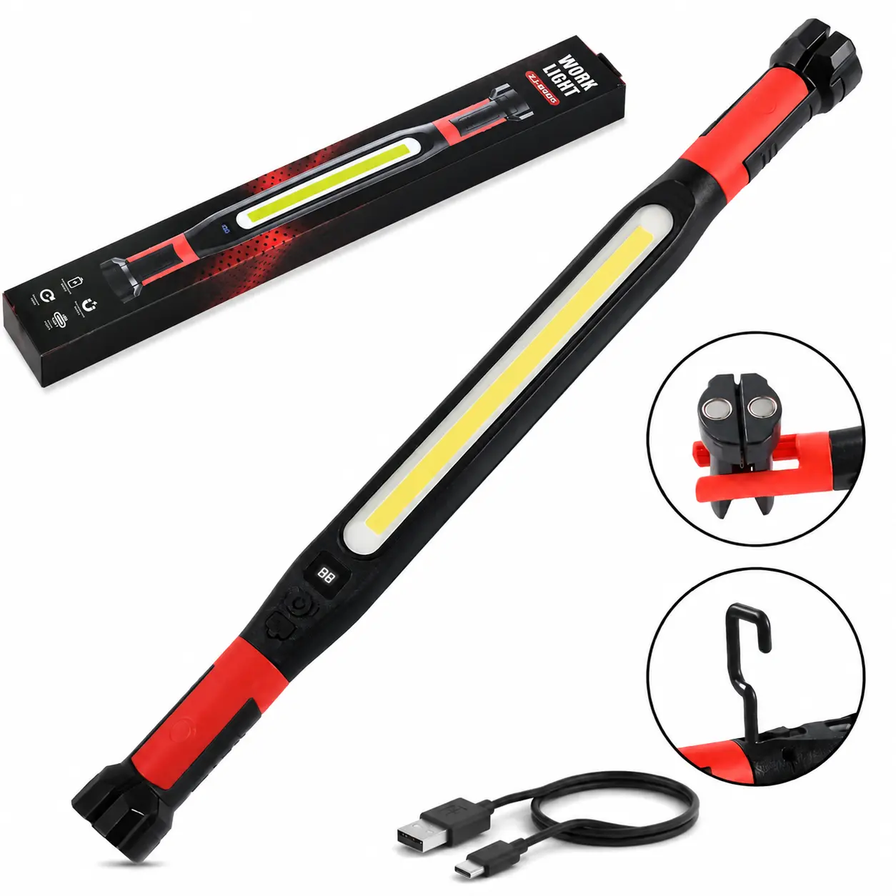 LED Work Light, 3000LM Super Bright Rechargeable Underhood Light, Magnetic Base & Hanging Hooks, Waterproof Portable Flashlight for Car Repair, Garage, Emergency, Camping