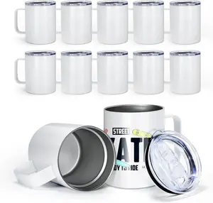 USA 25pcs 10oz Sublimation Stainless Steel Coffee Mug Tumblers Blank with Handle and Lid Double Wall Vacuum Camping Cup for Hot  Cold Drinks Tea