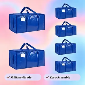 6 Pack Moving Bags Heavy Duty 210GSM with Full-Open Side Zipper, 93L 65lbs Waterproof Foldable Storage Totes for College Dorm Move-In, Moving Boxes Alternative & Home Organization, Black &Blue durable lightweight organizer space